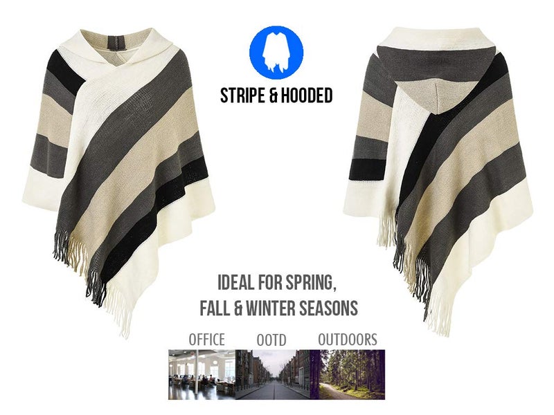 Ferand Women's Striped Poncho Sweater Cozy Knit Fringe Shawl Wraps with Hood for Fall Winter - Image 3